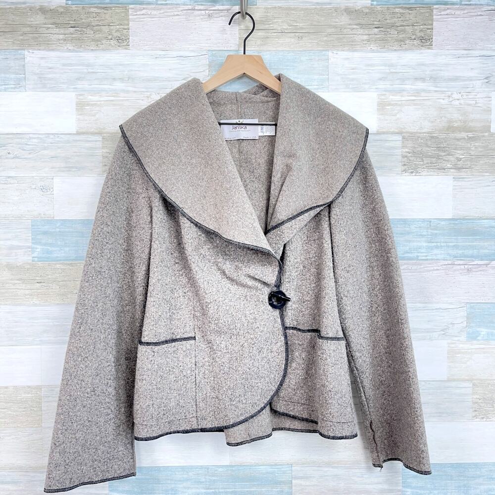 Janska Sweater Knit Jacket Brown Collared Pockets Unlined USA Made Womens Medium